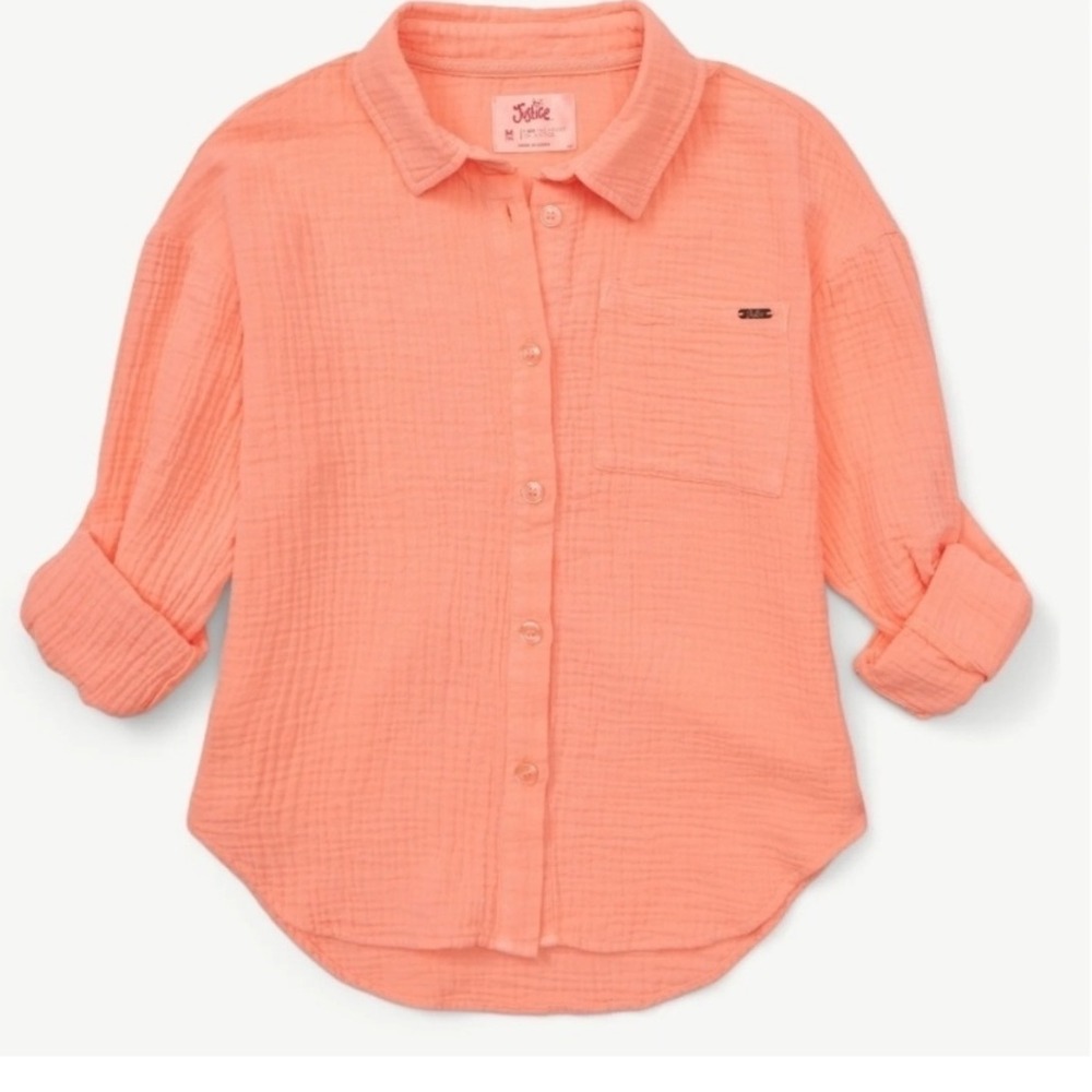 Justice Girls Coral Gauze Beach Swim Shirt Button Down Roll Tab Sleeve Sz S 7/8
